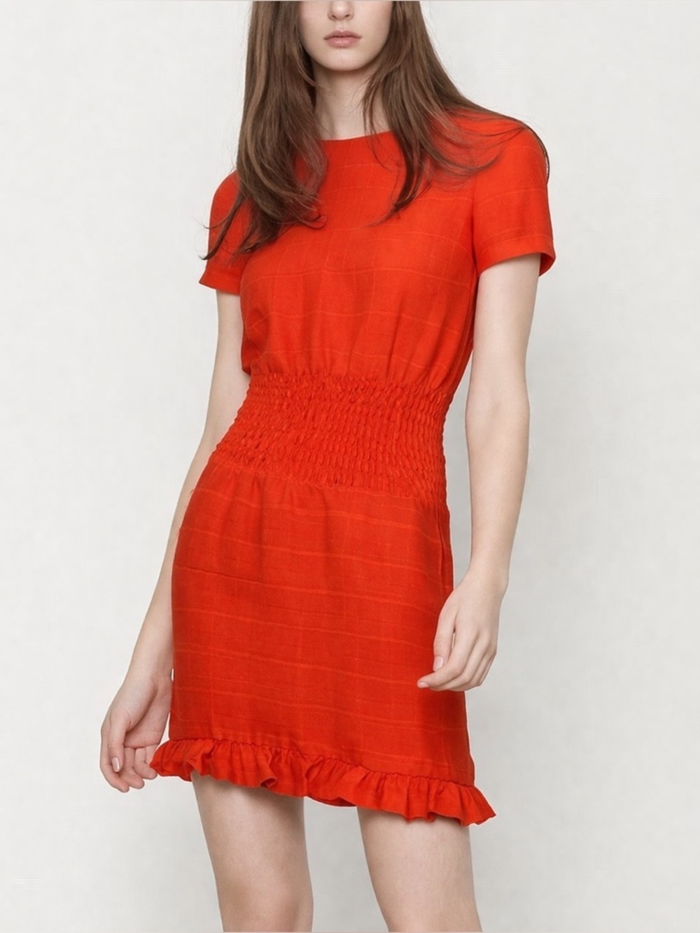 Maje Razane Red Smocked Mini Dress Textured Ruffle Hem Parisian Chic
Size 3 (L)